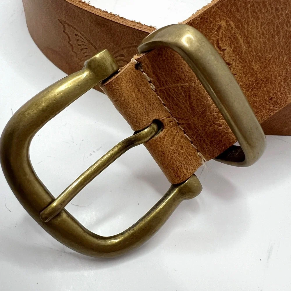 Tan Genuine Leather Butterfly Embossed Belt Solid Brass Buckle‎ Medium Large